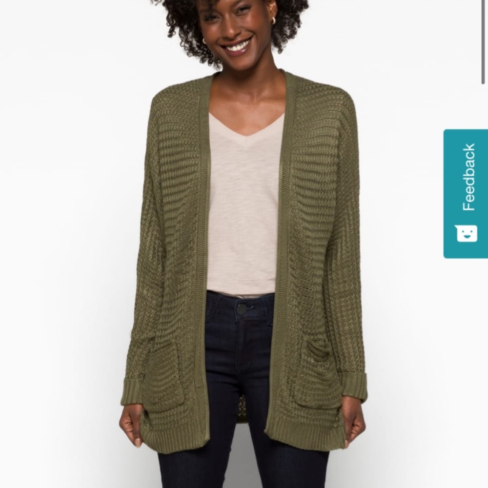Army green long knit open cardigan with pockets